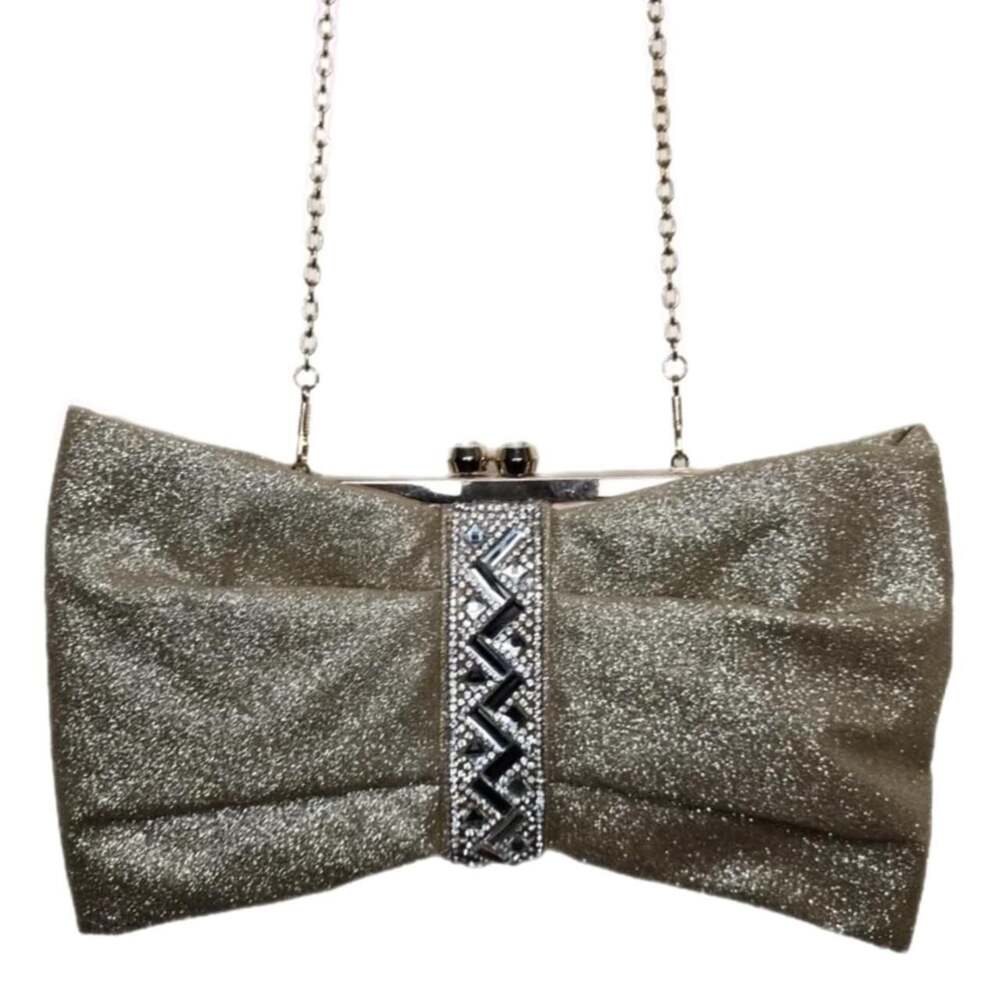 Nina Vintage 80s 90s Oversized Bow Glitter Rhinestone Evening Clutch